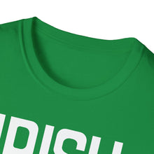 Load image into Gallery viewer, A collar view of our soft green pre shrunk cotton t-shirt announcing your strong Irish AF pride. This original tee has white lettering and is soft and pre-shrunk with ireland&#39;s shamrock graphics! 
