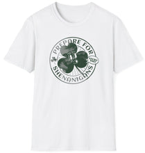 Load image into Gallery viewer, A white t shirt that reads Shenanigans over the top of a green shamrock. These original graphic tees are made of soft materials and 100% cotton.
