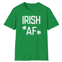 Load image into Gallery viewer, A soft green pre shrunk cotton t-shirt announcing your strong Irish AF pride. This original tee has white lettering and is soft and pre-shrunk with ireland&#39;s shamrock graphics! 
