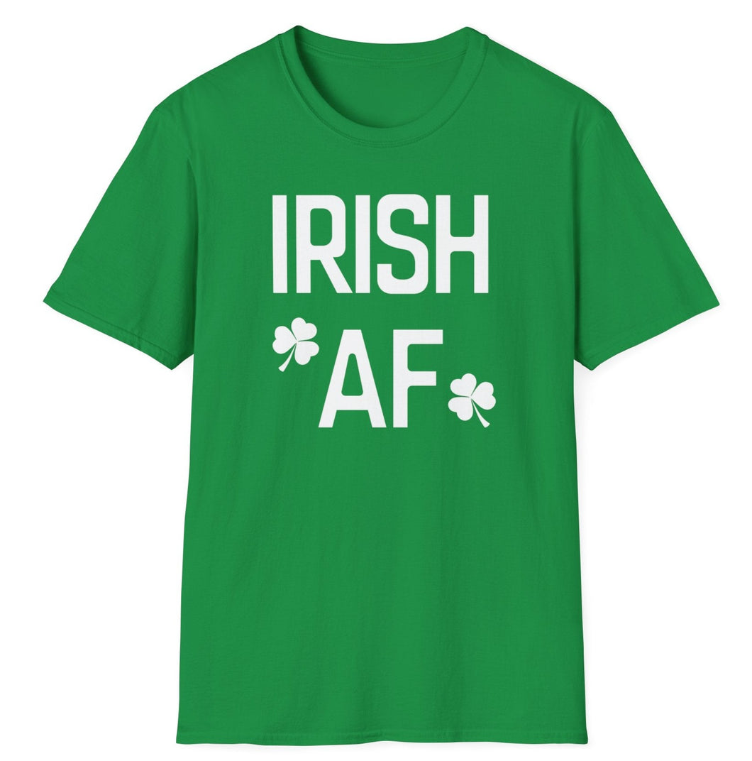 A soft green pre shrunk cotton t-shirt announcing your strong Irish AF pride. This original tee has white lettering and is soft and pre-shrunk with ireland's shamrock graphics! 