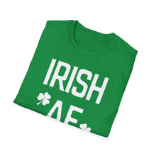 Load image into Gallery viewer, A soft green pre shrunk cotton t-shirt announcing your strong Irish AF pride. This original tee has white lettering and is soft and pre-shrunk with ireland&#39;s shamrock graphics! 
