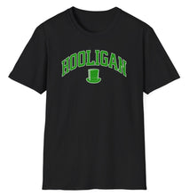 Load image into Gallery viewer, A soft black pre shrunk cotton t-shirt simply states Hooligan as a tip of the hat to the rowdy soccer and football lads of Europe. This original tee is soft and pre-shrunk with Irish graphics! 
