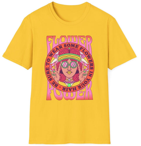 Flower Power Girl T Shirt! Represent the hippie life with a comfortable women's t-shirt. This shirt has 60s era print and girl in cursive lettering for a casual look. A trippy image draws eyeballs!