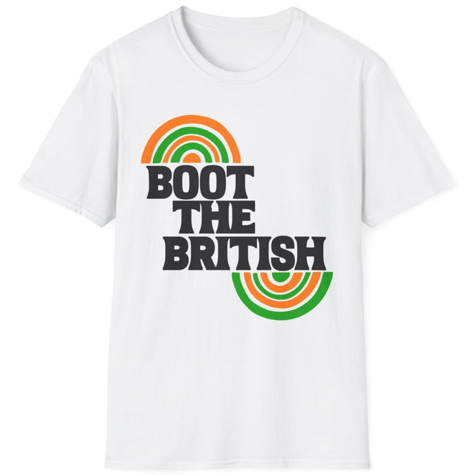 A soft white pre shrunk cotton t-shirt with original graphics that highlight the Irish sayinig of Boot the British in reference to uniting Ireland. This white original tee is soft and pre-shrunk! 