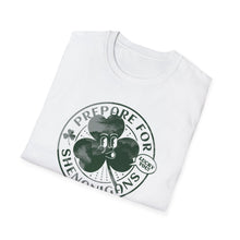 Load image into Gallery viewer, A white t shirt that reads Shenanigans over the top of a green shamrock. These original graphic tees are made of soft materials and 100% cotton.
