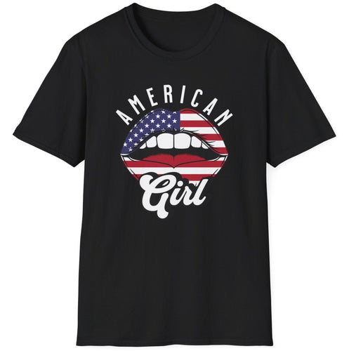 American Girl T Shirt! Represent the USA with a comfortable women's t-shirt. This shirt has America block printed and girl in cursive lettering for a casual look. A patriotic image of a pair of lips adorns the cover. This shirt makes a great gift for yourself, family or friends.