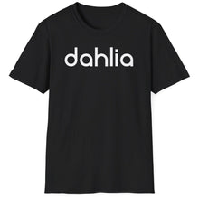 Load image into Gallery viewer, A soft cotton black t-shirt with the retro lettering of the word DAHLIA. This true crime message relates to the the mystery of Los Angeles crime.
