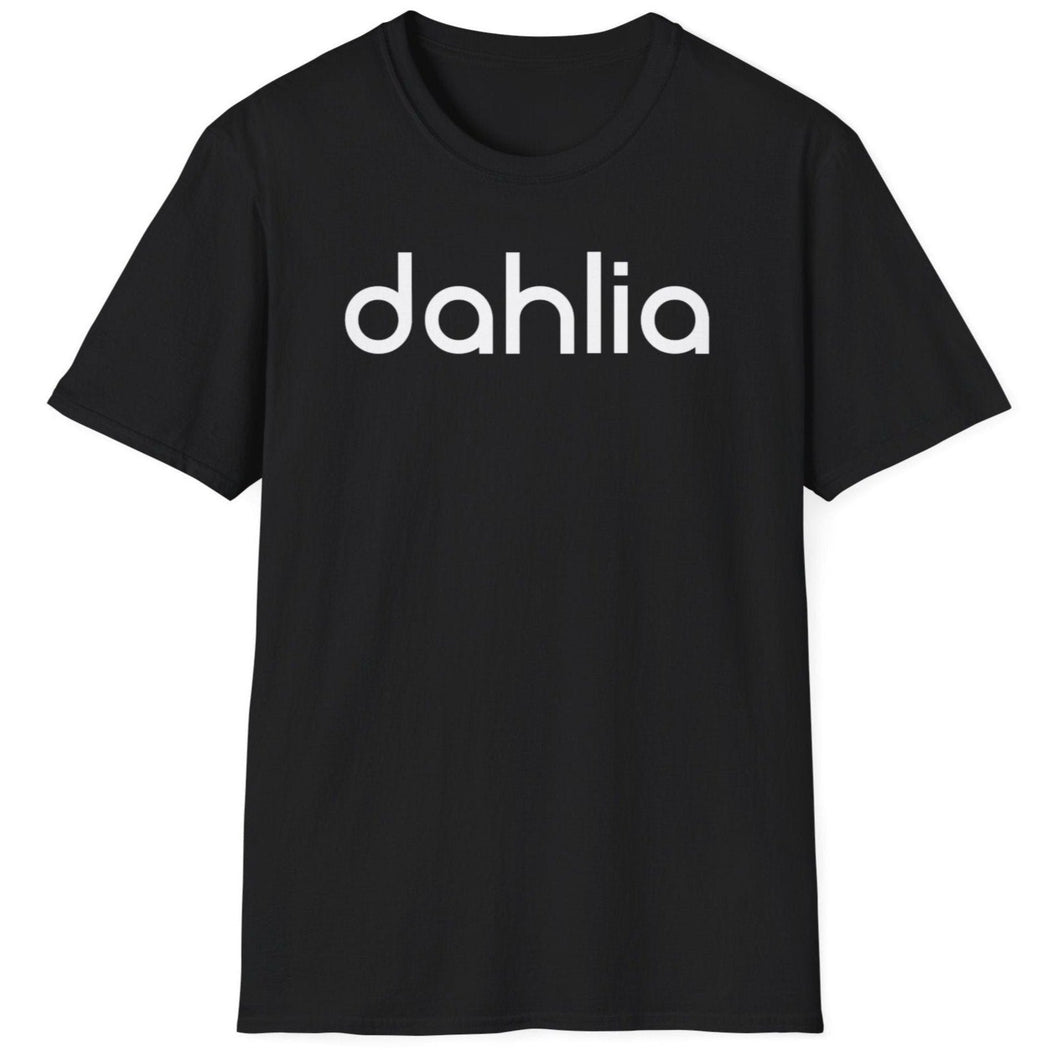 A soft cotton black t-shirt with the retro lettering of the word DAHLIA. This true crime message relates to the the mystery of Los Angeles crime.