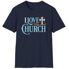 Load image into Gallery viewer, I Love My Church t-shirt made of 100% cotton. This church tee is a standard fit.
