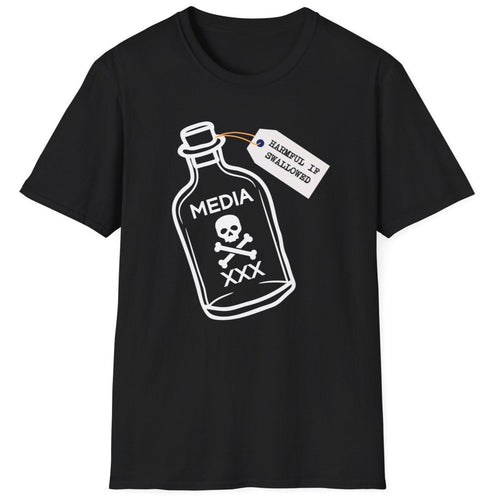 A black t shirt about media bias and poison with original graphics.