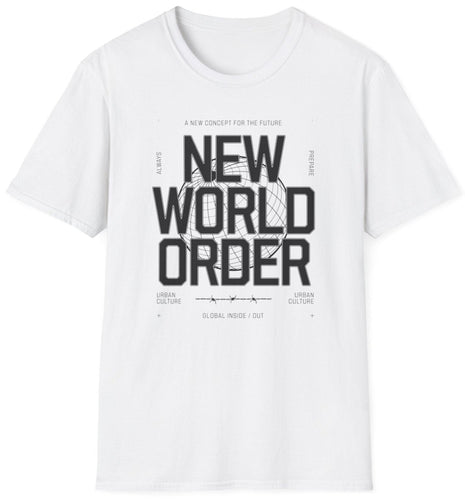 A white shirt with retro TV broadcast image of the New World Order as an original graphic design. This soft tee is 100% cotton and built for comfort!