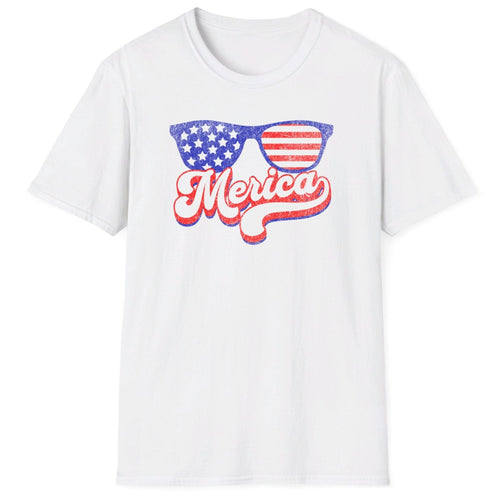 Cotton tee with American Flag sunglasses and 'merica written in cursive font  on the front of the t-shirt.