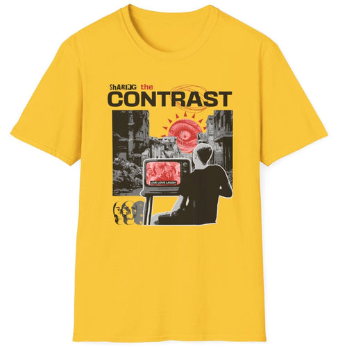 A yellow t-shirt highlighting original graphic design for conspiracy tees.