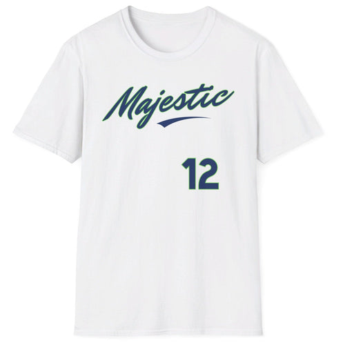 White cotton tee with a cursive baseball style jersey of the Majestic 12 conspiracy.